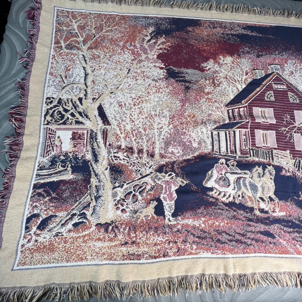 Vintage Winter Sleigh Scene Woven Tapestry Throw Blanket USA 48x60 Countryside - Picture 6 of 8